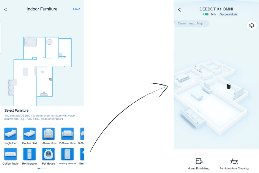 Möbelstücke werden in der 3D-Karte des Ecovacs Deebot X1 OMNI platziert